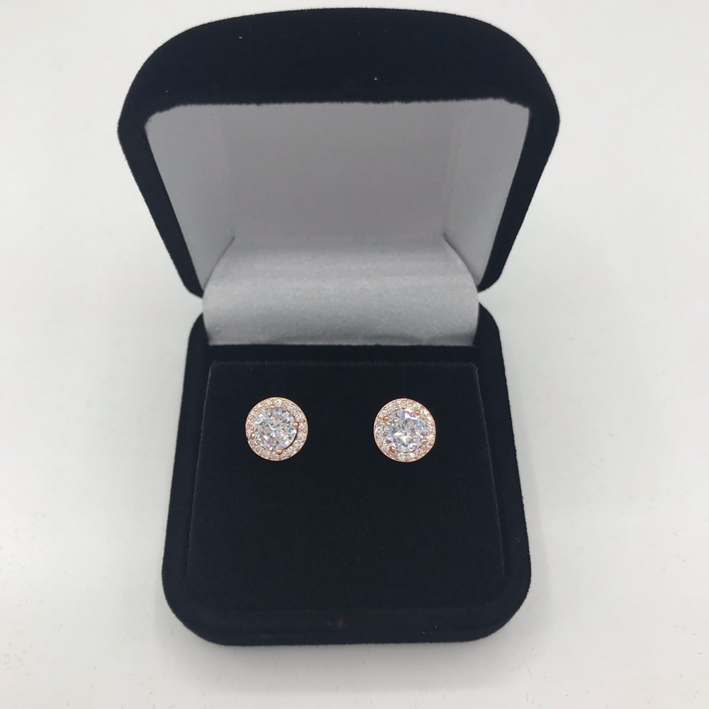 Rose Gold Halo Stud Earrings in Sterling Silver - Picture 3 of 8